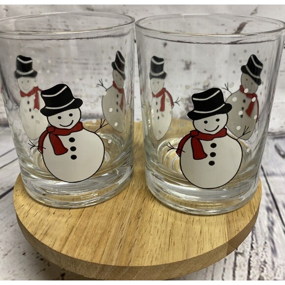 Pasabahce Vintage Christmas Snowmen Glasses Lowball Tumblers Bar Set of 2 - Picture 2 of 3